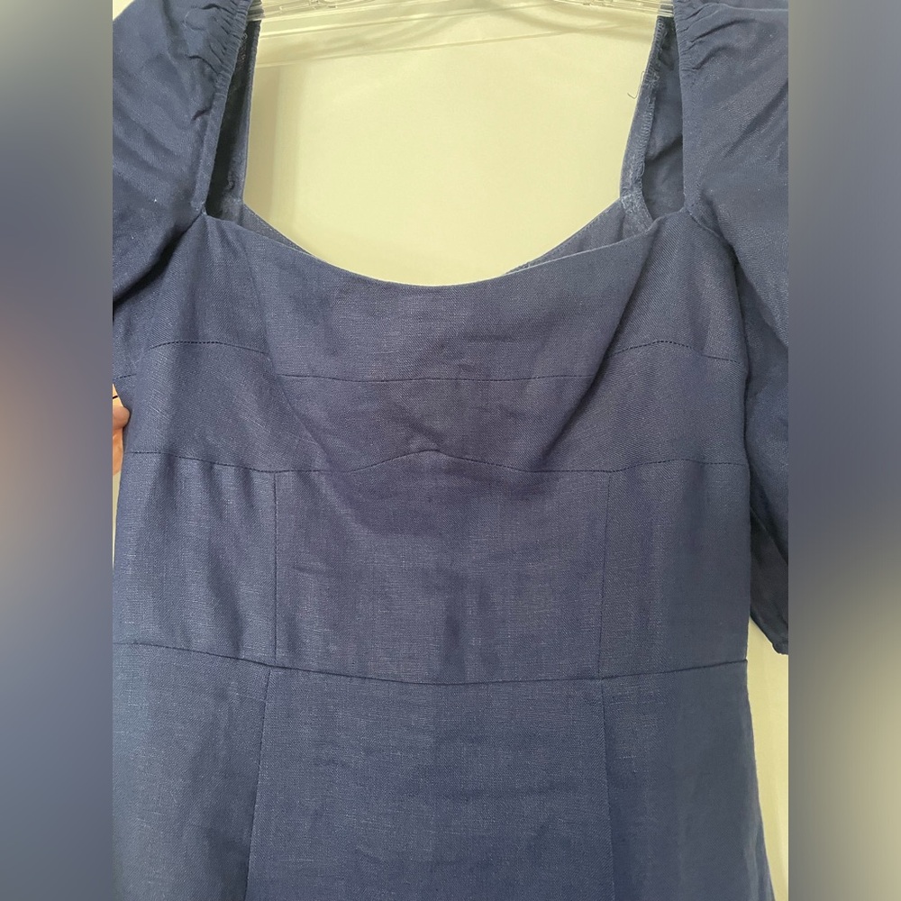 Reformation Belgium Linen Midi Dress in Danube Navy Puff Sleeve Fit Flare Size 4 - Picture 7 of 10